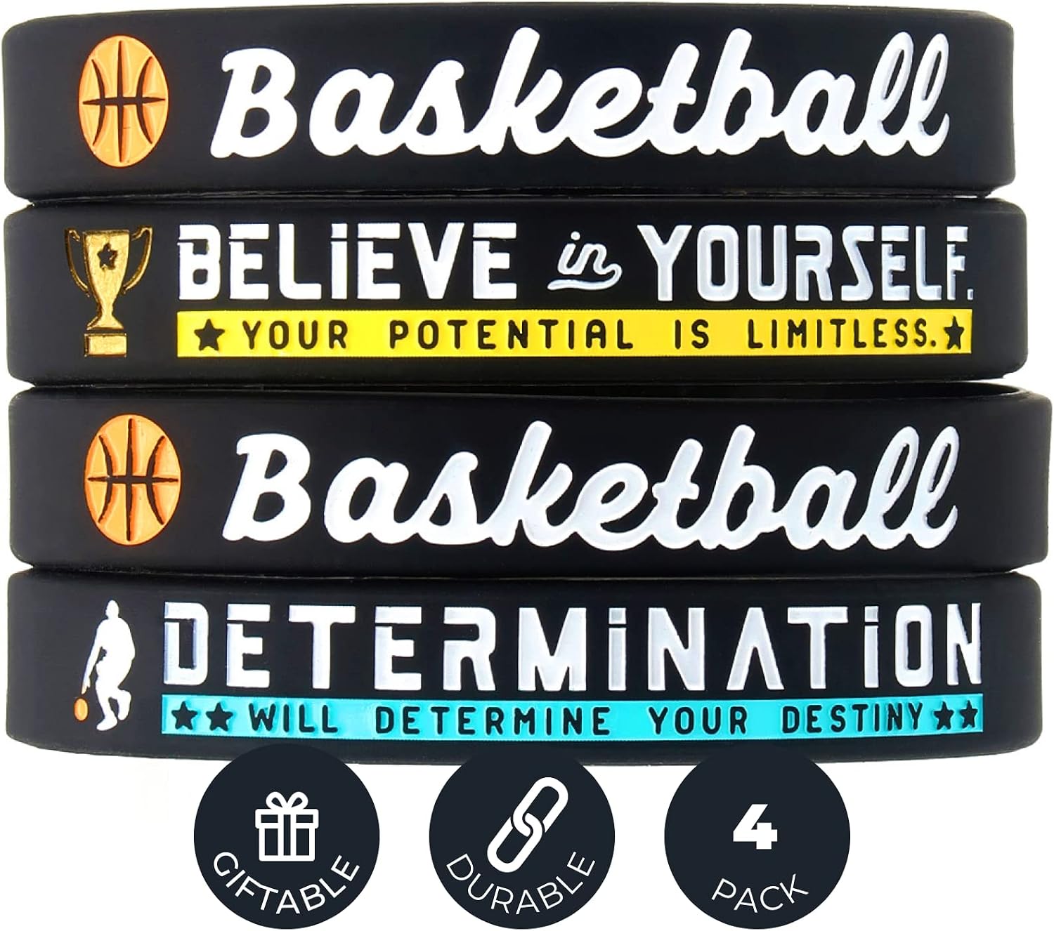 Inkstone Basketball Bracelets - 4-Pack Motivational Silicone Wristbands