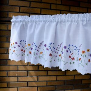 PKT White Floral Embroidery Valance Curtain, 52x18in