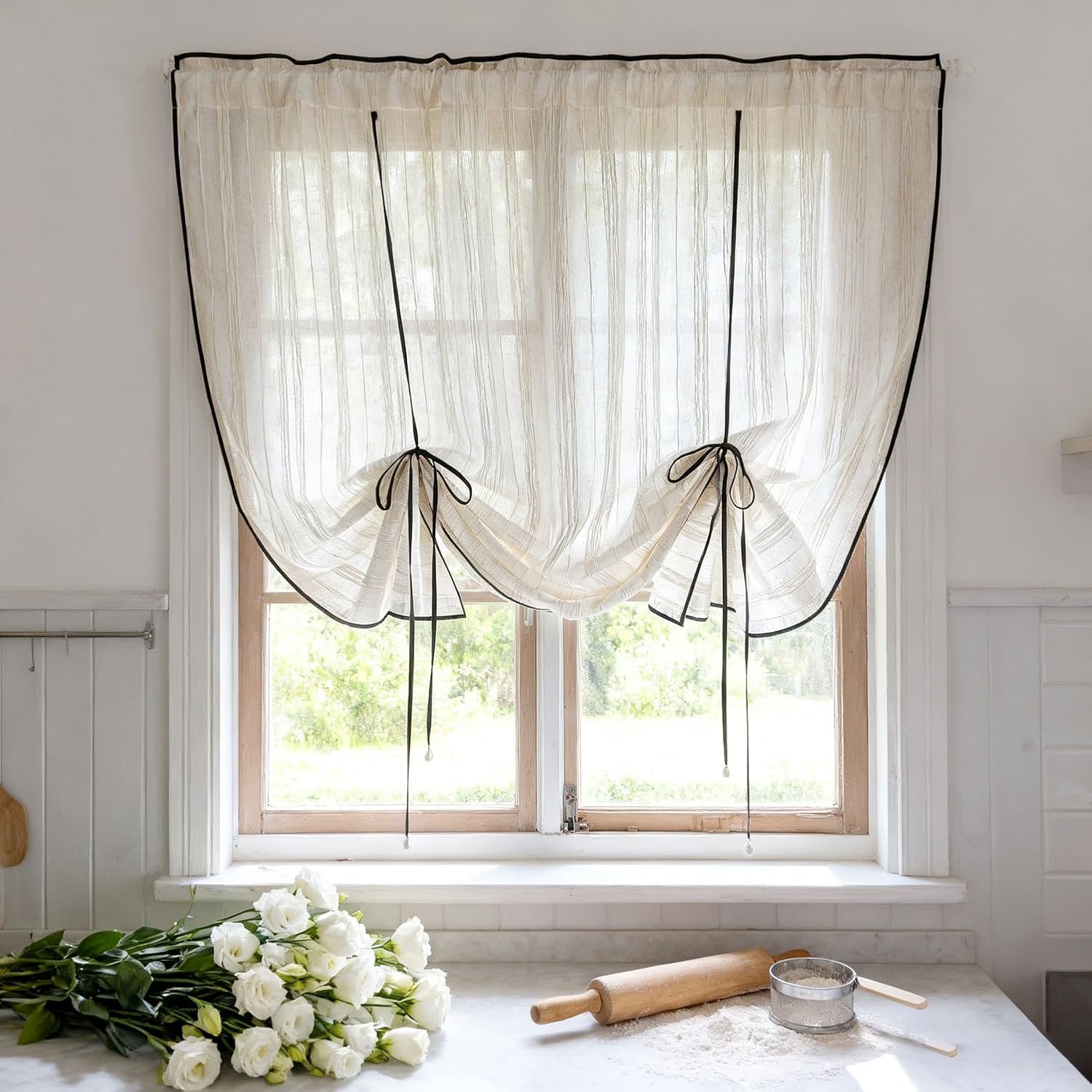 Beige Striped Roman Sheer Curtain 39" x 39"