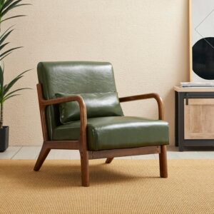 Glitzhome Mid-Century Green Accent Chair, PU Leather