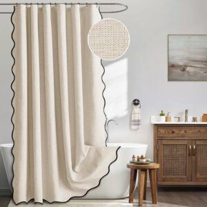 MIULEE Beige Scalloped Linen Shower Curtain w/ 12 Hooks