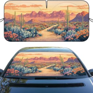 Western Desert Car Windshield Sunshade – Cactus & Wildflower Design