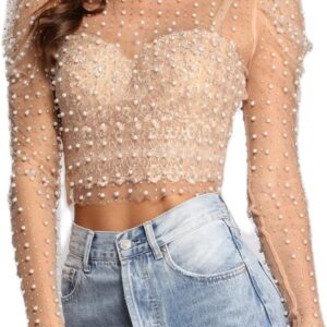 Wrrkayly Women's Mesh Long Sleeve Rhinestone Top