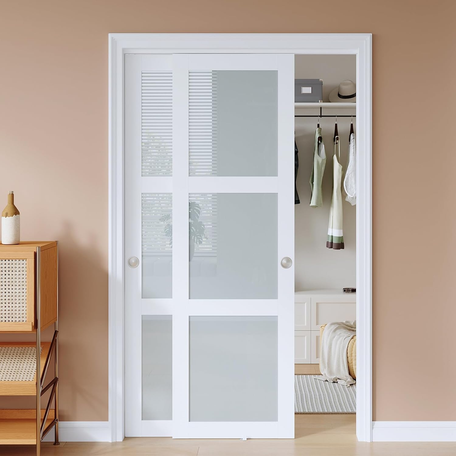 EaseLife 48x80in Sliding Closet Door - White Frosted Glass, 2-Panel