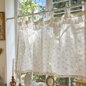 French Country Floral Lace Cafe Curtains - White Cotton Tie-Top Valance 39x19"