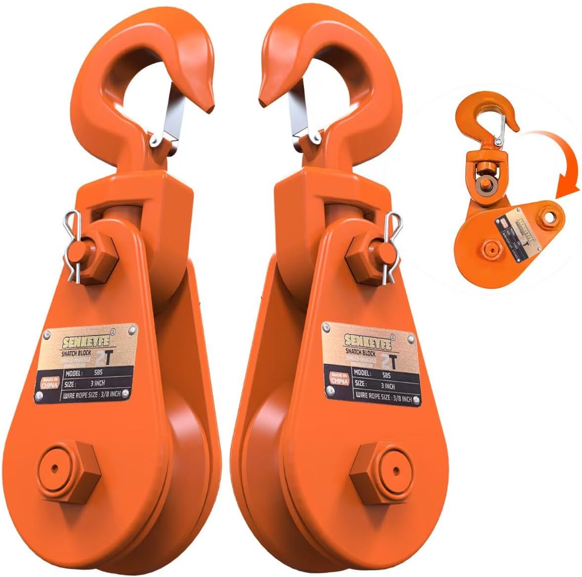 2 Ton Snatch Block Pulley with Hook - 3" Sheave for 3/8" Rope