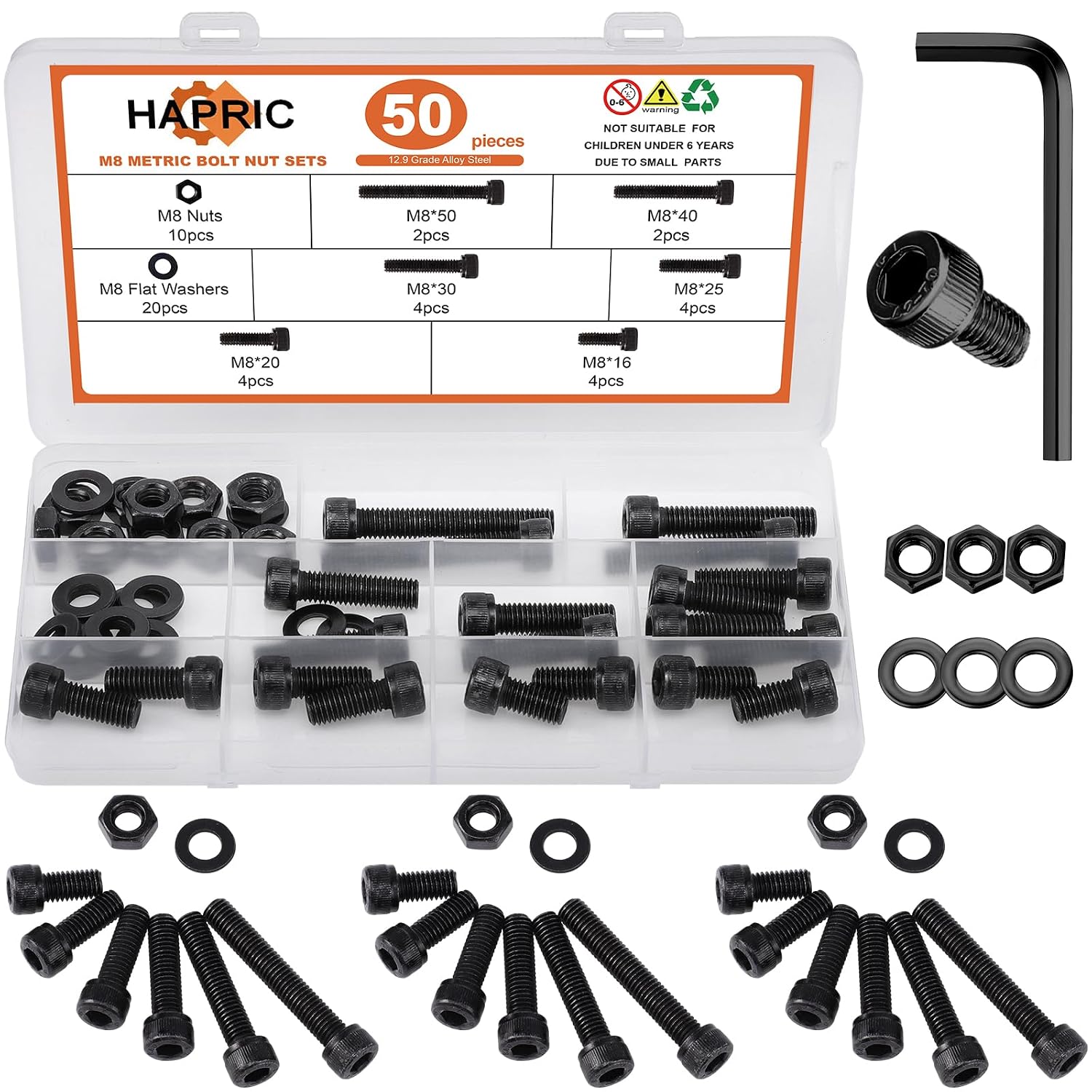 Hapric M8 Bolt Kit, 50 Pcs Alloy Steel Hex Screws
