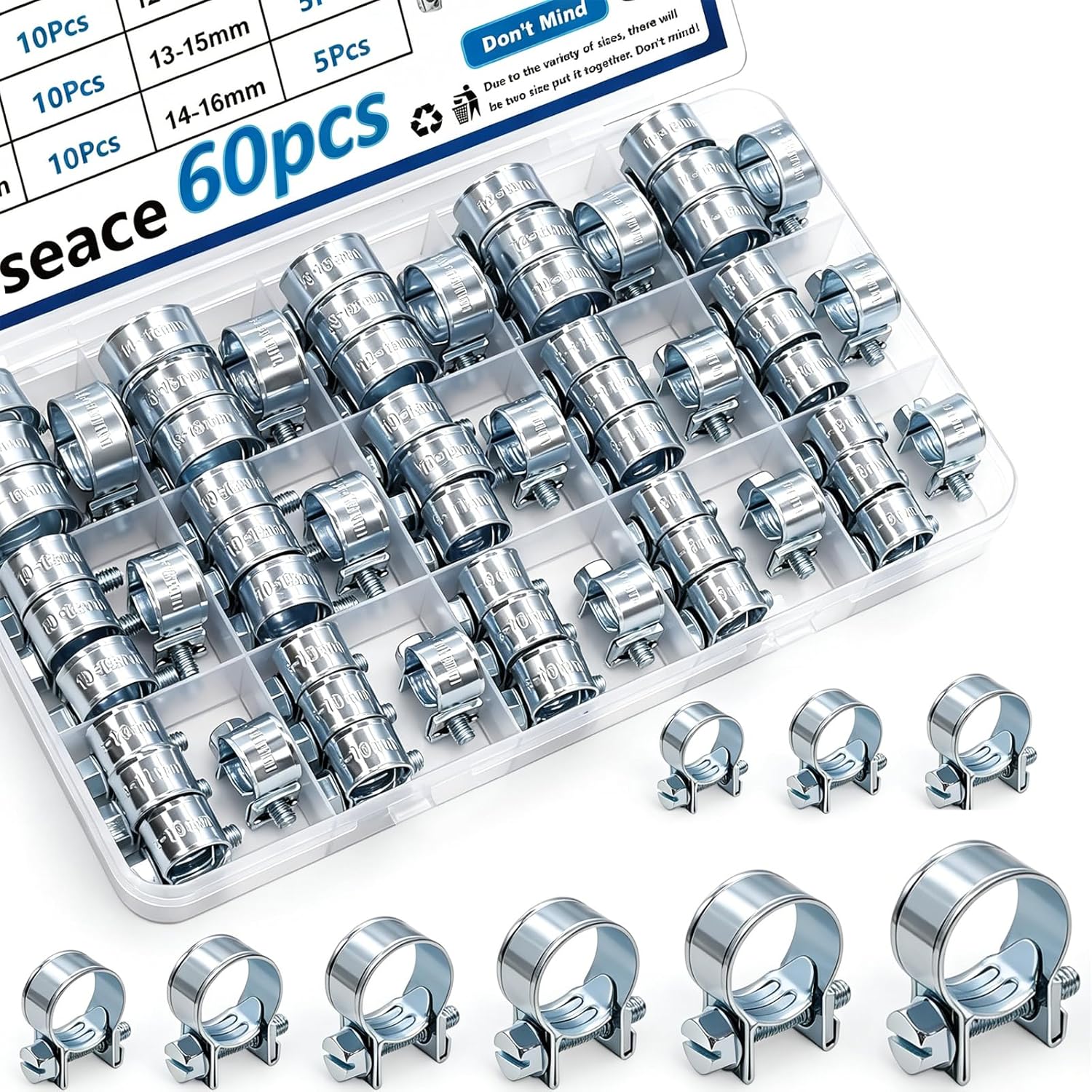 smseace 60Pcs Fuel Line Clamps 8-Sizes 7-16mm Zinc Plated