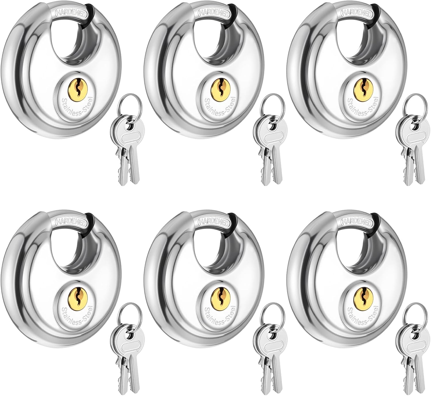 6-Pack Keyed Alike Stainless Steel Disc Padlocks, 2-3/4"