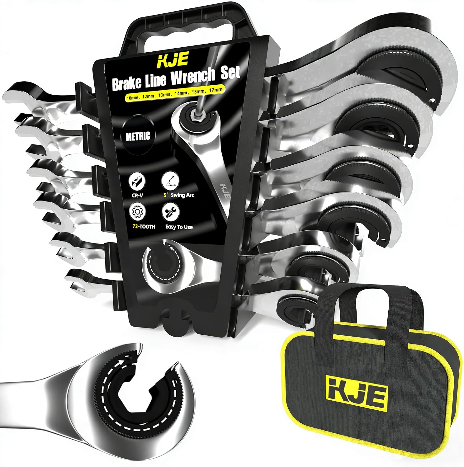 KJE 6PCS 10-17mm Ratcheting Flare Wrench Set | CR-V Steel | Carry Case