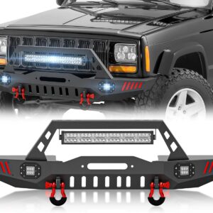 EYOUHZ Front Bumper for Jeep XJ/MJ w/ Winch Plate & Lights