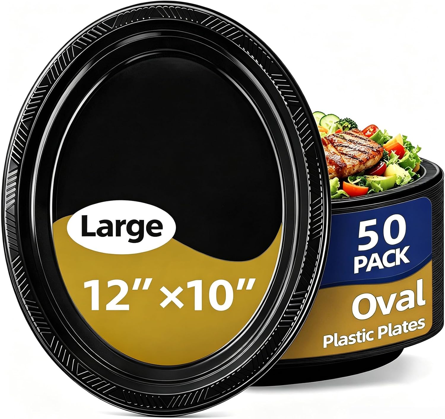 Black Plastic Plates 12x10in - 50pc Disposable