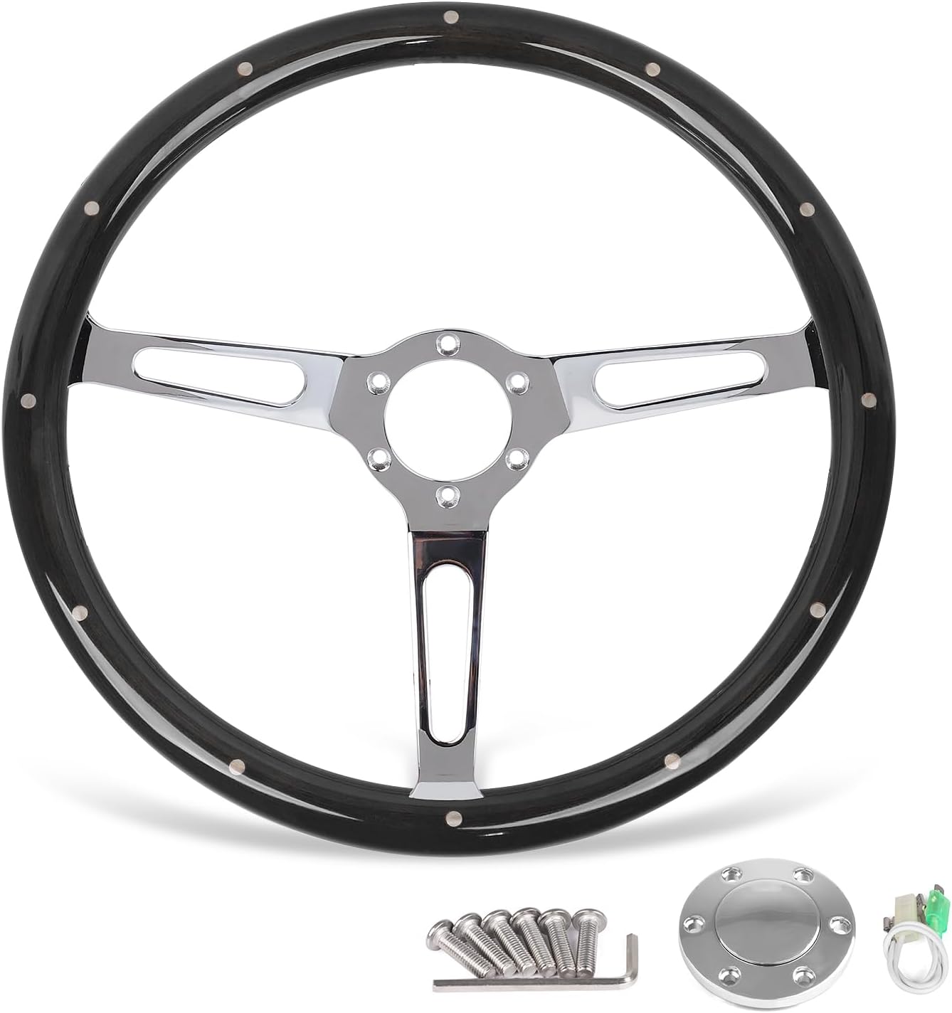 15" Classic Wood Steering Wheel – Chrome 3-Spoke 380mm