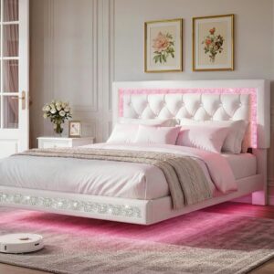 FreeHouse Floating Queen Bed with LED Lights, White