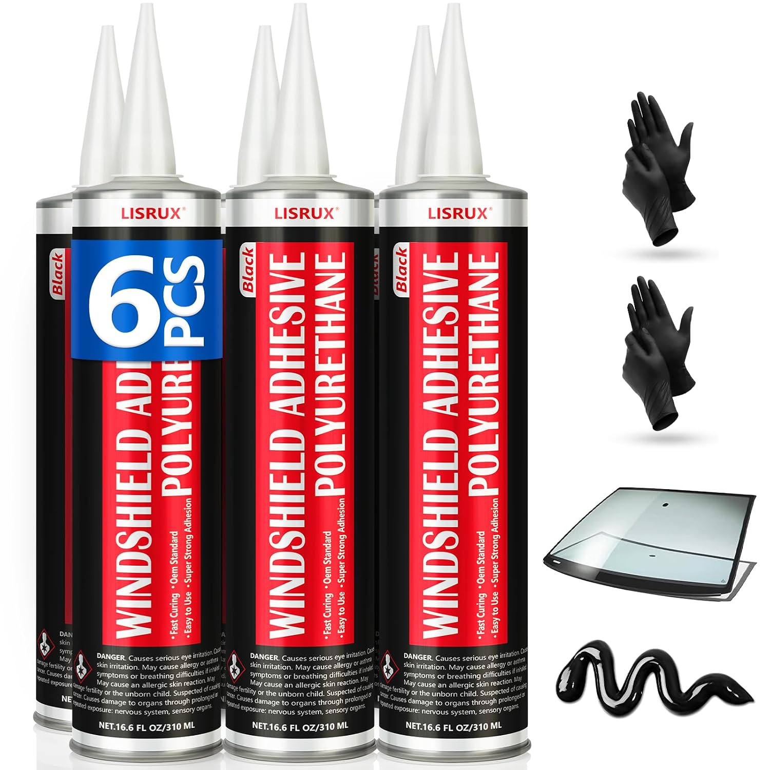 6-Pack LISRUX Windshield Adhesive Sealant Black - 310ml