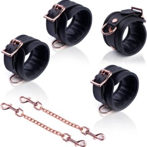 Black Adjustable Leather Fitness Cuff Set - 4pc Ankle & Wrist Kit