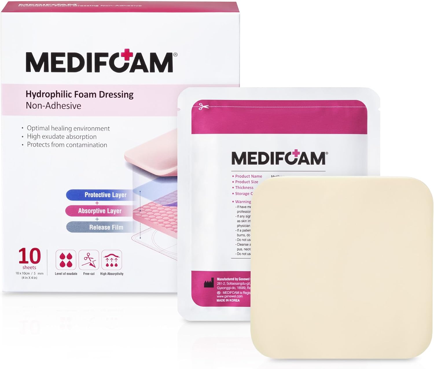 MEDIFOAM Hydrophilic Foam Dressing 4"x4" - 10ct