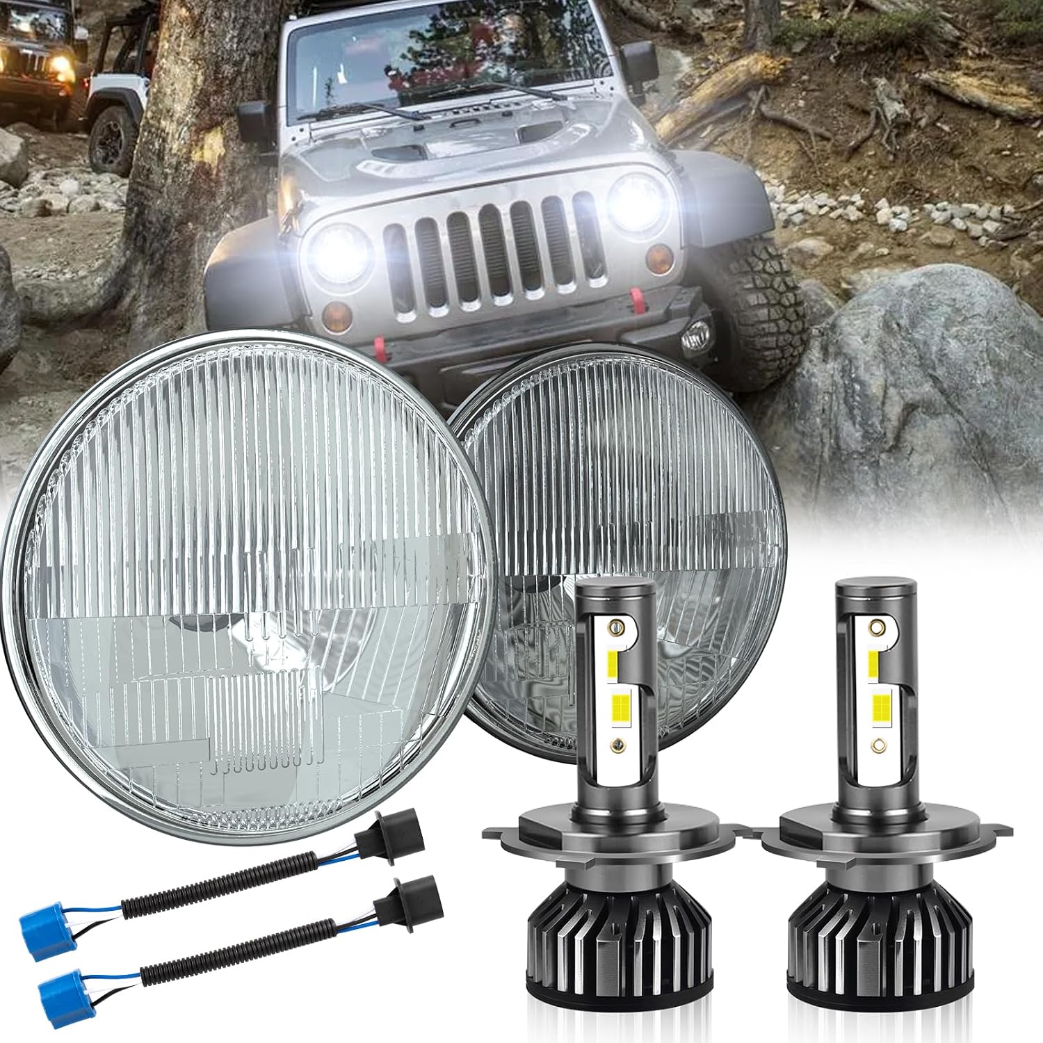 HMCYCI 7in LED Headlight Kit w/H4 Bulbs, Sealed Conversion