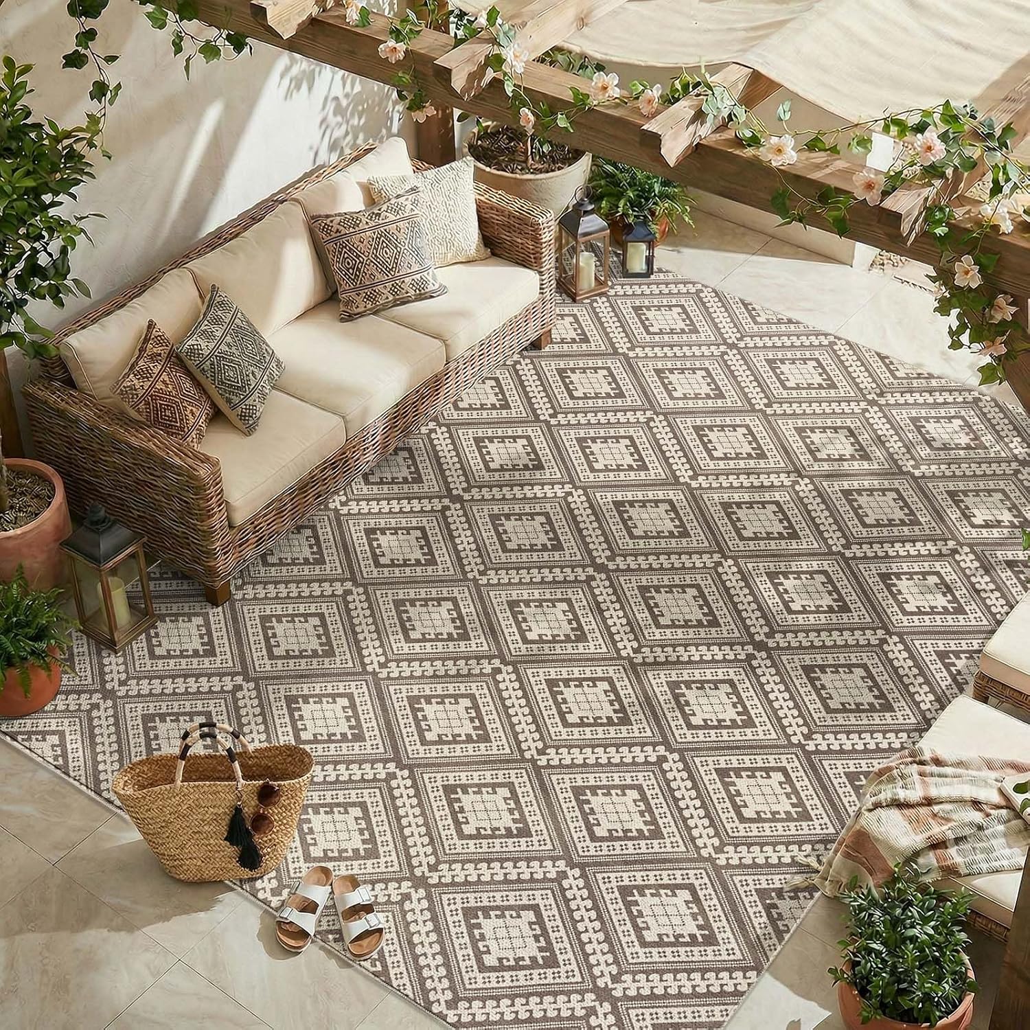Jinchan 8x10 Stone Taupe Geometric Jute Rug