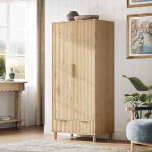 VINGLI Oak Wardrobe Armoire with Doors & Drawers