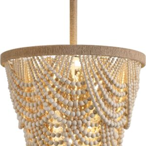 Q&S Wood Beaded Boho Chandelier, 5-Light Farmhouse Light