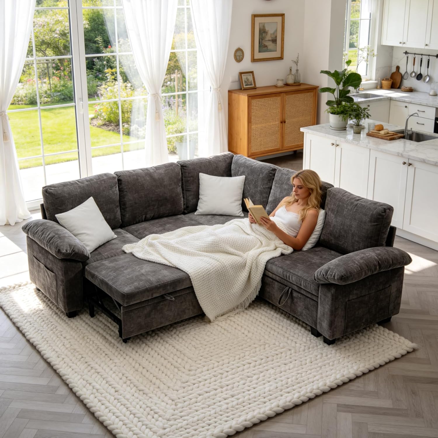 Modern L-Shaped Sofa Bed with Ottoman - Light Gray