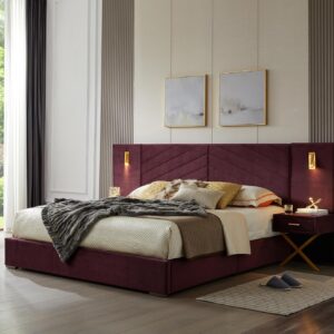Queen Bed Frame w/ LED Lights & Nightstands, Velvet Upholstered