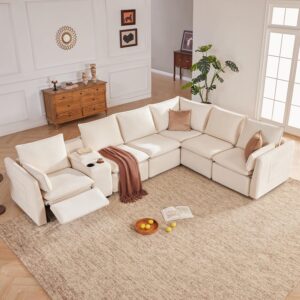 Beige 6-Seater Power Recliner Sofa with Storage Console
