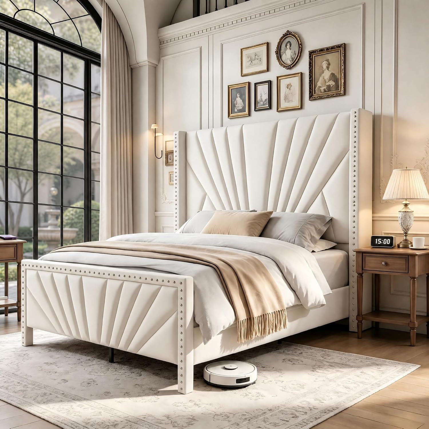 Queen Bed Frame with 55" Tall Headboard, Velvet Cream