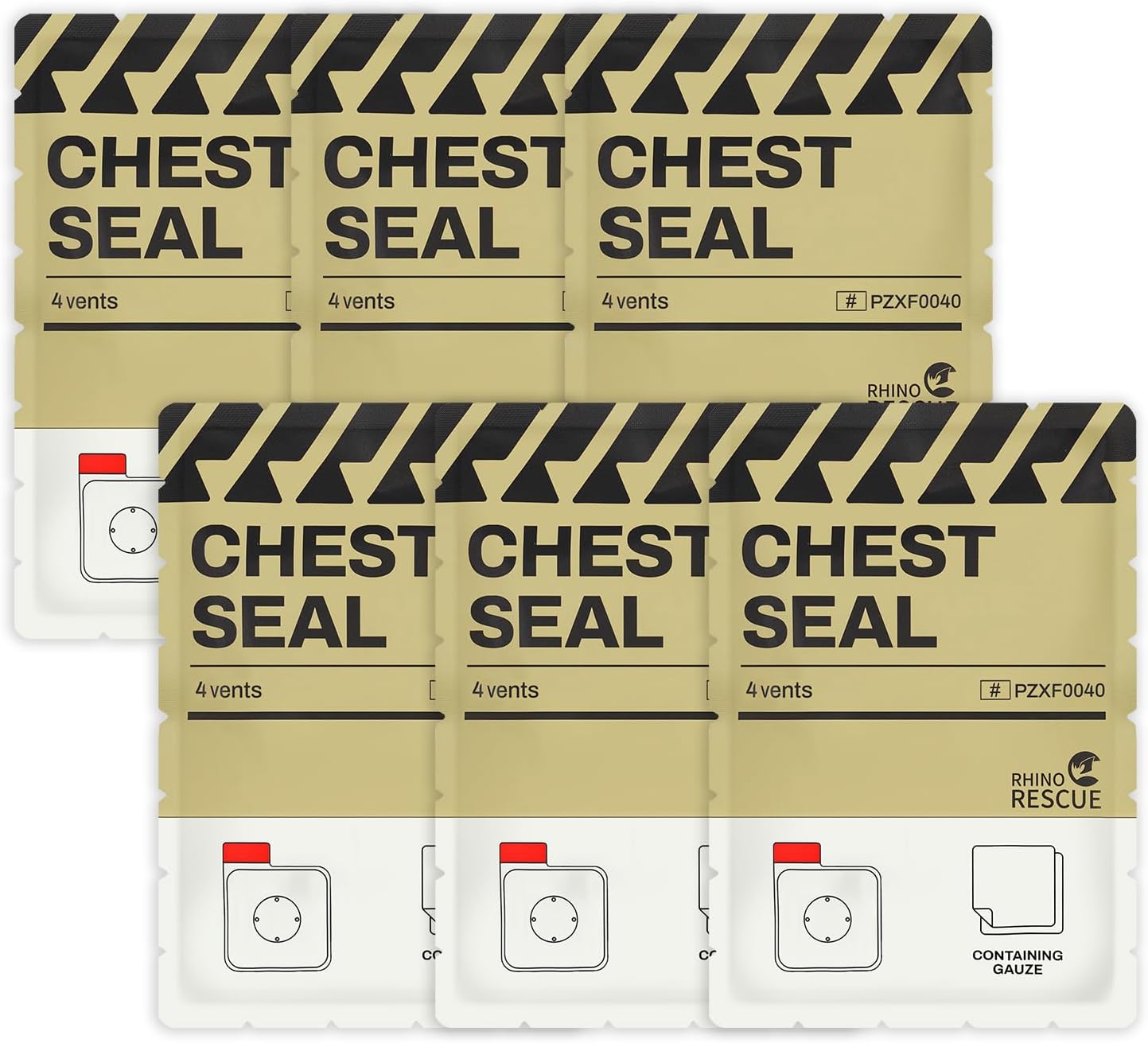 RHINO RESCUE Chest Seal, 4 Vents, IFAK Trauma Kit, 6-Pack