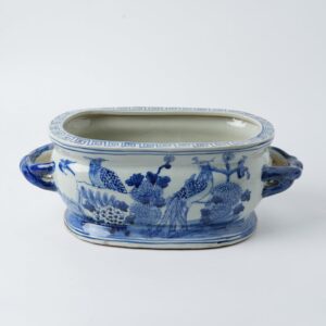 Vintage Blue Porcelain Planter, 18" Footbath Style, Hand Painted
