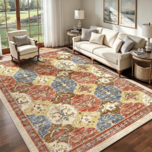 Moroccan Medallion Rug 8x10, Red/Cream, Non-Slip