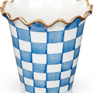 Briful Ceramic Planter 5.9in Blue/White Checkered w/Gold Rim