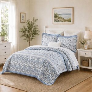 Qiqiong Blue Floral Cotton Queen Quilt Set, 3-Pc Bedding