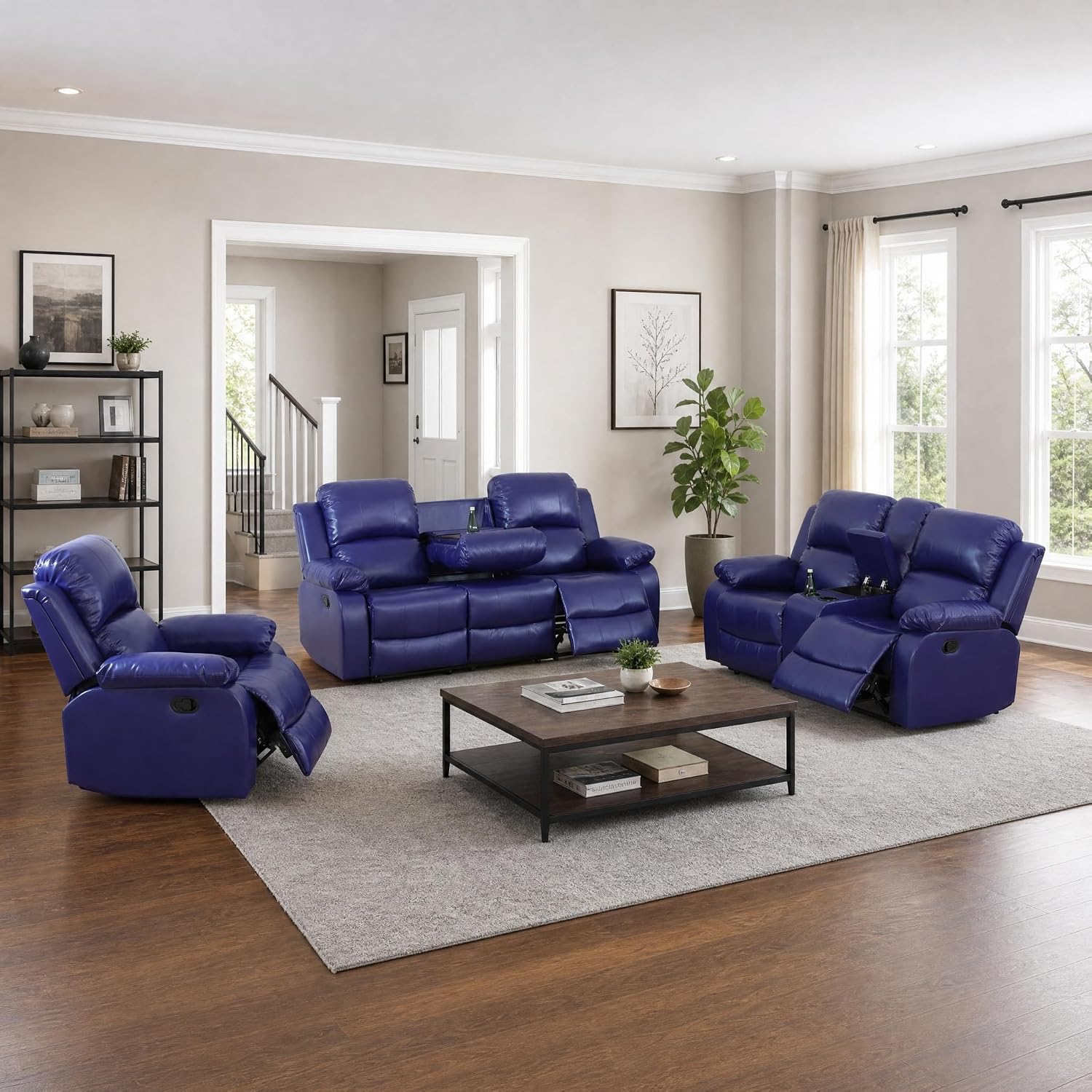 Blue Faux Leather Recliner Sofa Set - Puduvir