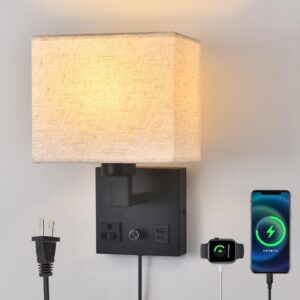 Dimmable Plug-in Bedside Wall Lamp w/ USB & Outlet
