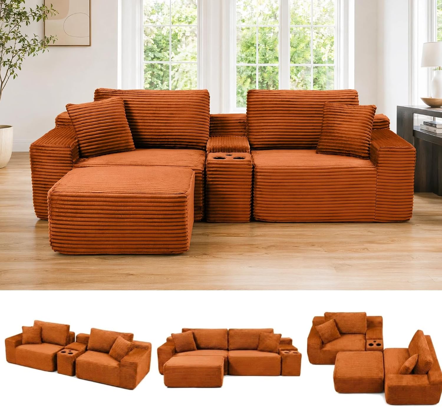 111" Rust Orange Modular L-Shaped Couch w/ Charging
