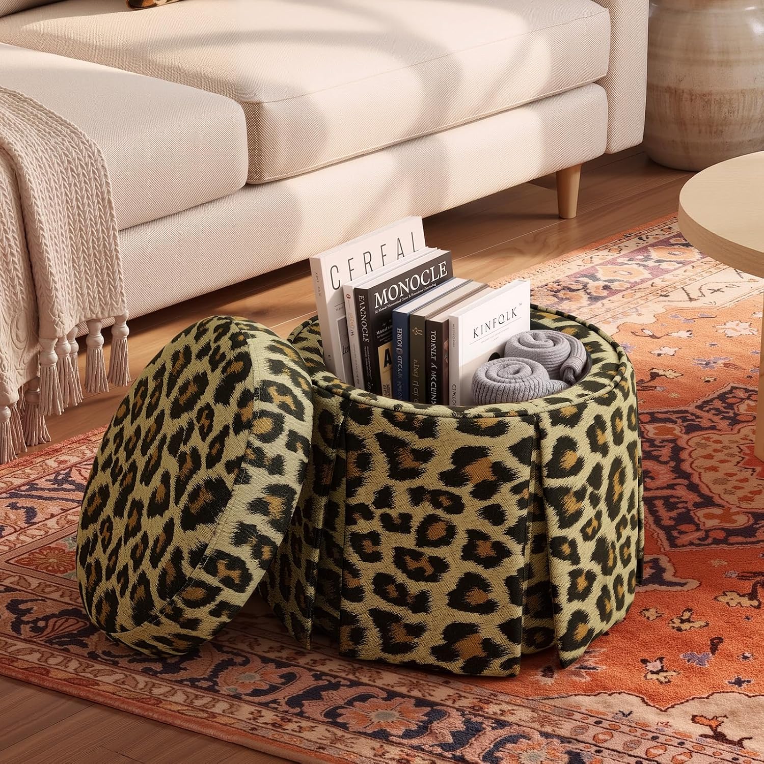 Leopard Accent Ottoman w/ Storage & Tray Top - Caiselee