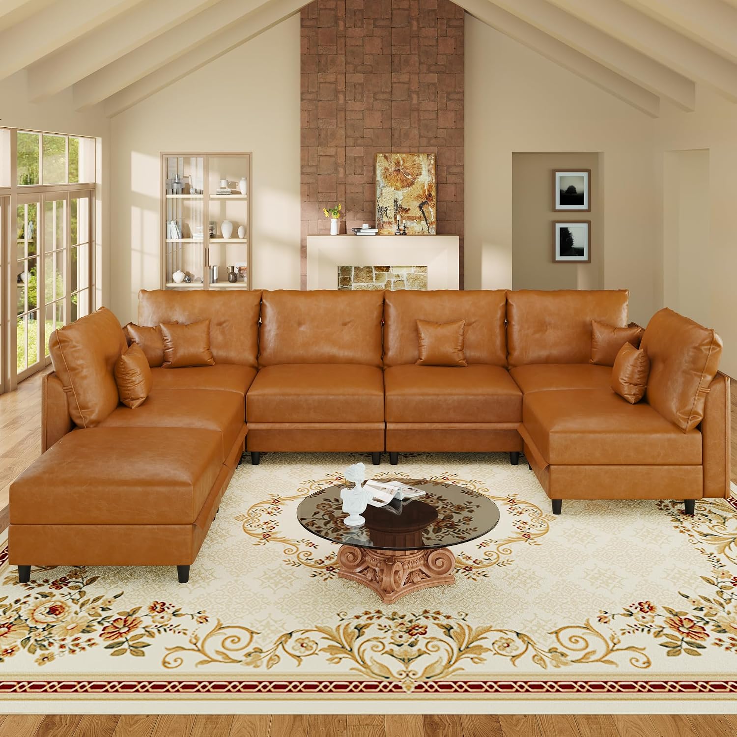 LLappuil 7-Seater Modular Leather Sectional Sofa, Cognac Tan