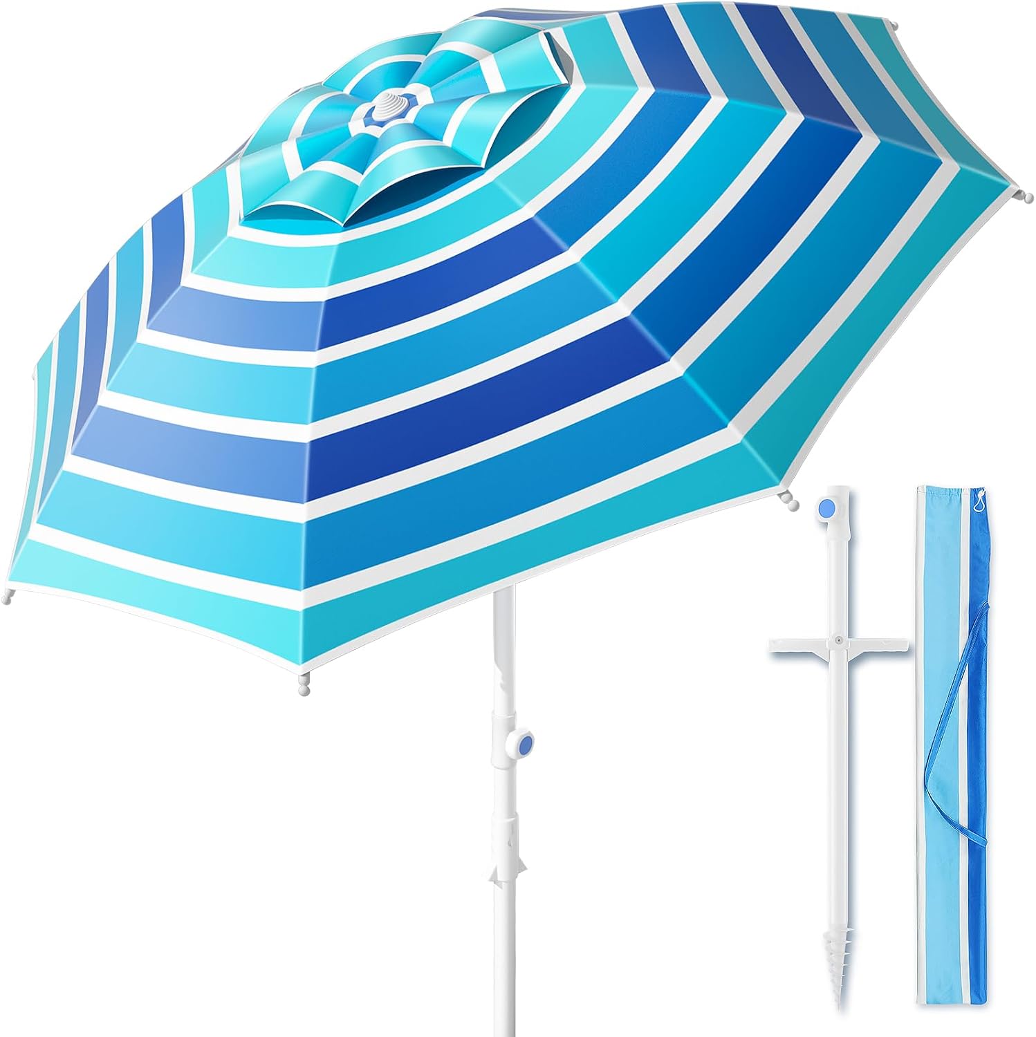 8FT Beach Umbrella w/ Sand Anchor, UPF50+ UV Protection