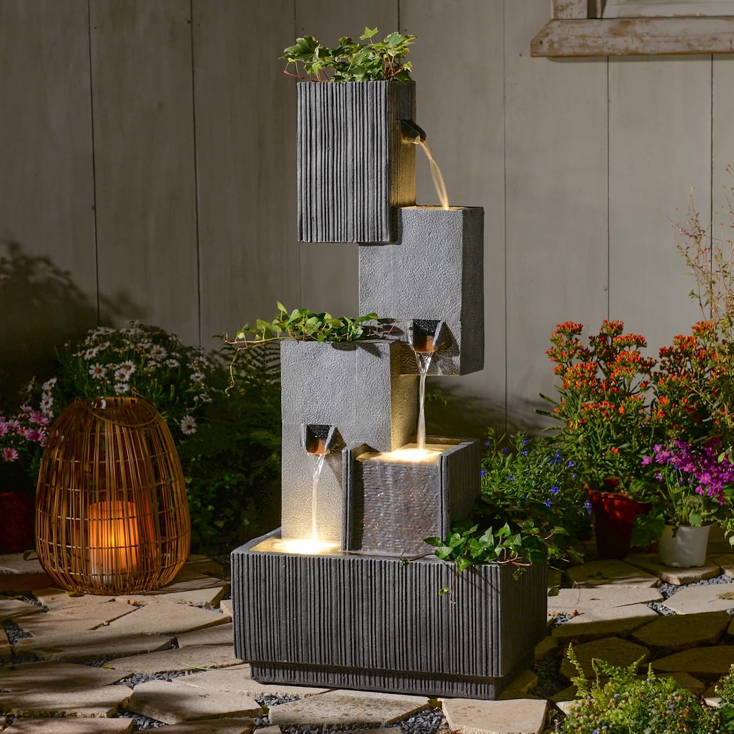 41.3in Tiered LED Garden Fountain – Weatherproof Resin Waterfall