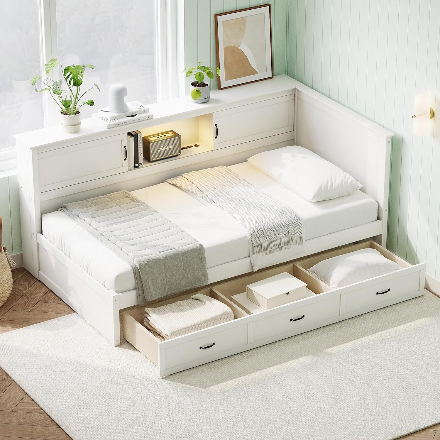 MERITLINE White Twin Daybed w/ Storage & Charging Station