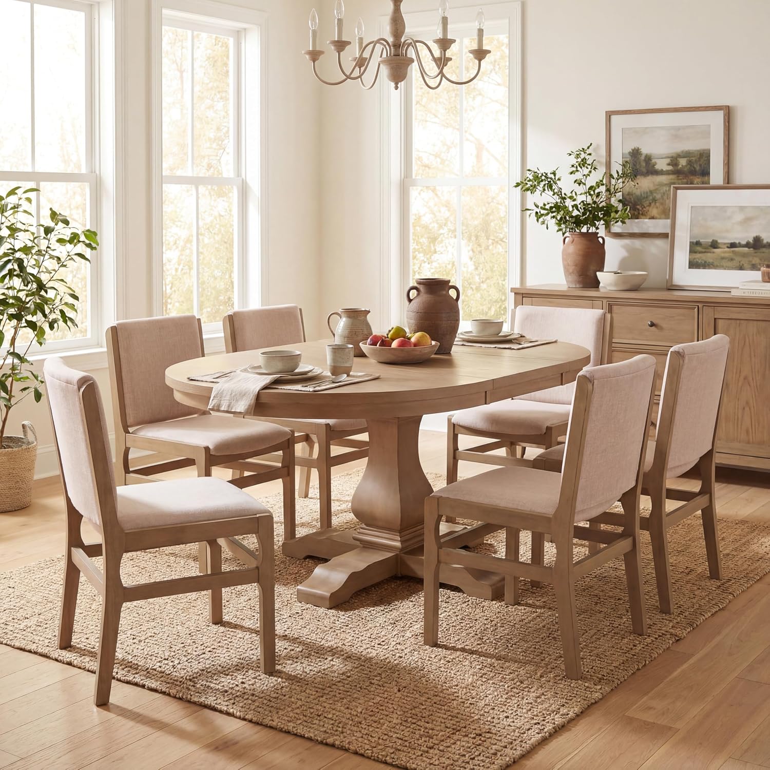 Set of 6 Modern Upholstered Dining Chairs - Light Natural/Beige