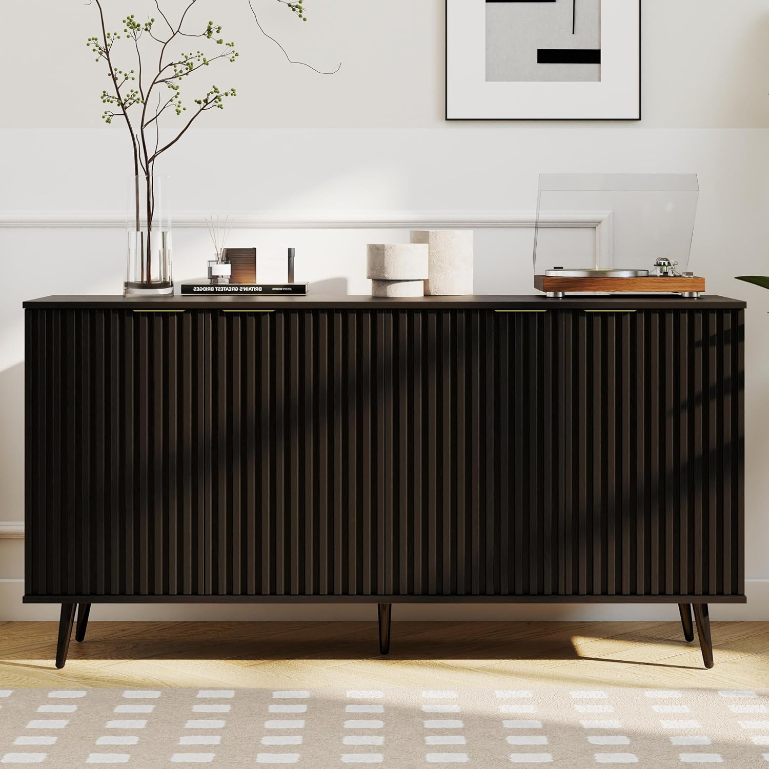 COCO DESIGN 60" Black Fluted Buffet Cabinet with Power Outlet