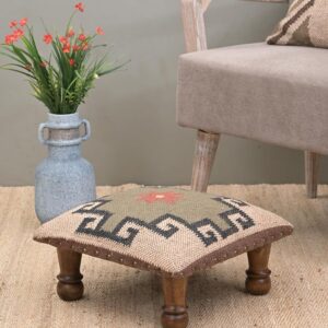 White Aztec Ottoman Footstool - Rustic Wood Accent Stool