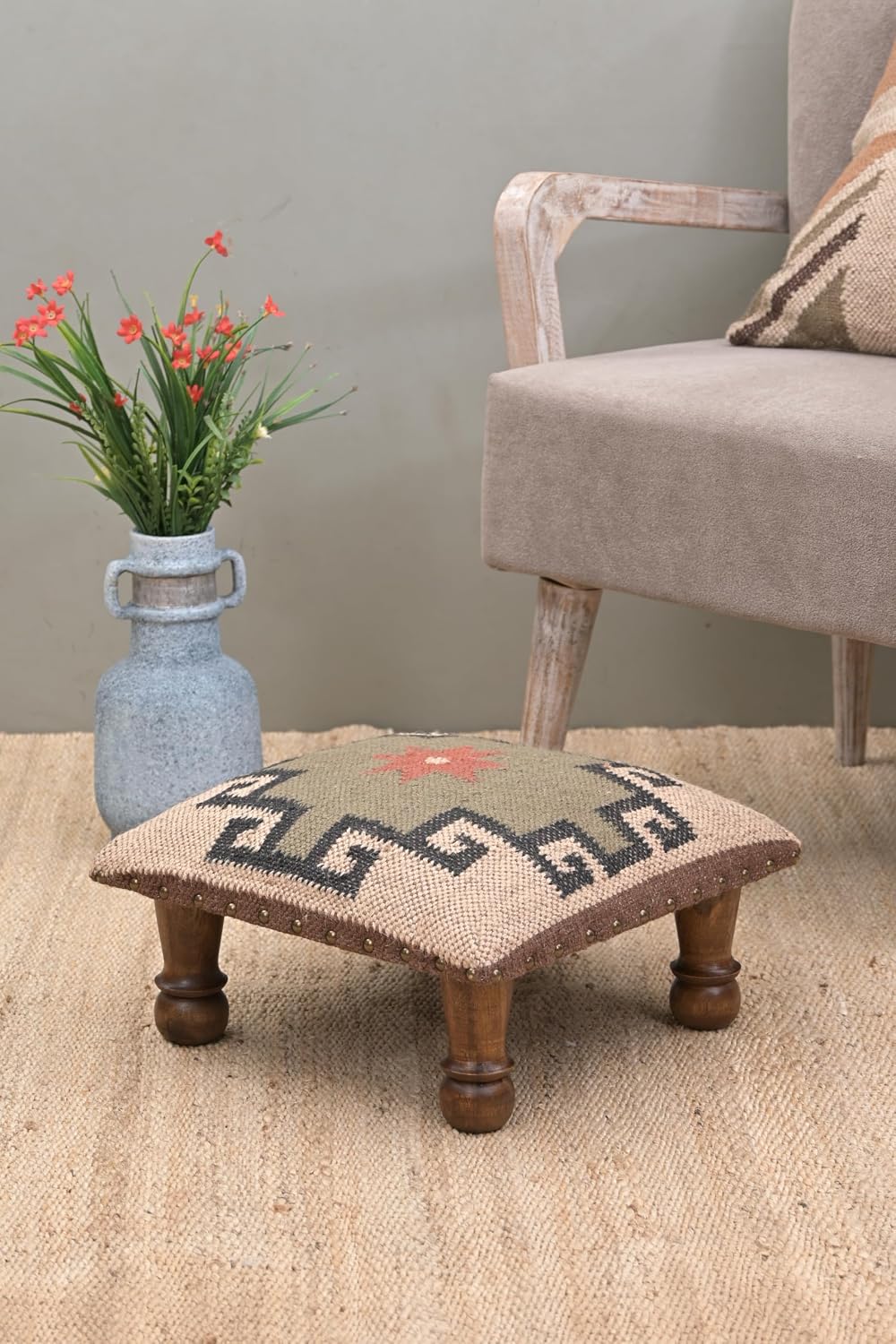 White Aztec Ottoman Footstool - Rustic Wood Accent Stool