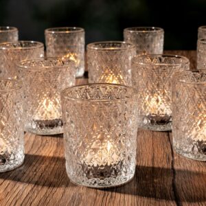 12 Clear Glass Votive Holders - Diamond Embossed Design
