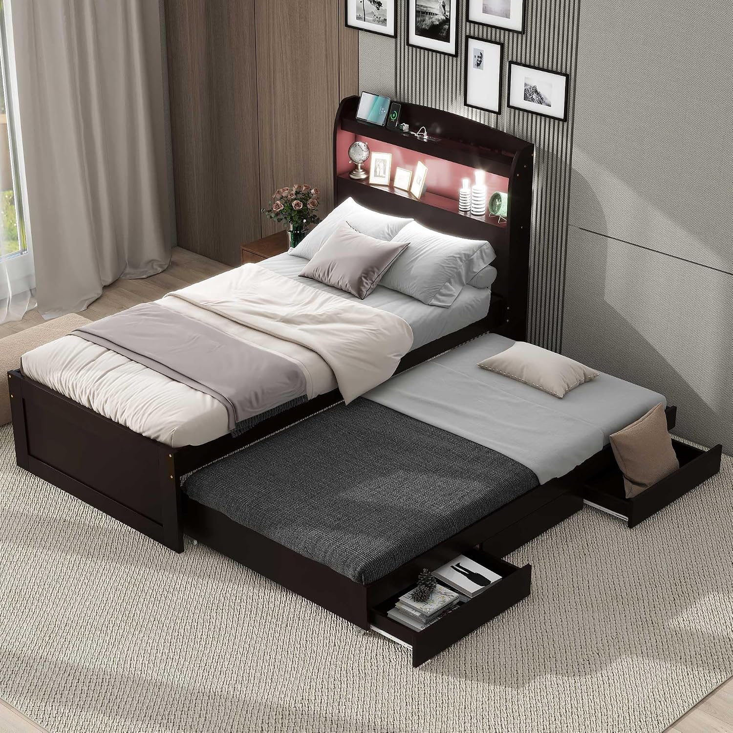 Twin XL Platform Bed with Headboard & Storage