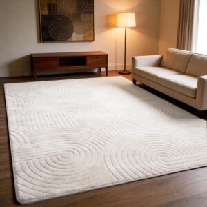 5x7 Cream Beige Fluffy Geometric Rug - Washable