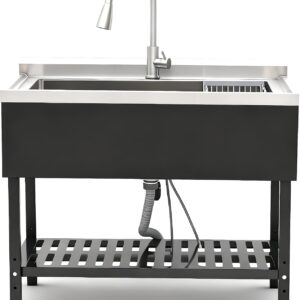 40" Freestanding Utility Sink w/ Faucet & Shelf, Black/Silver